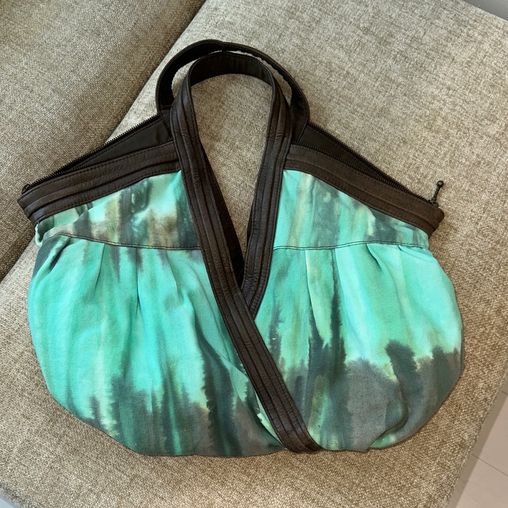 NWOT Unique Artsy TieDye Aqua Fabric with Brown Leather Trim Hobo Bag